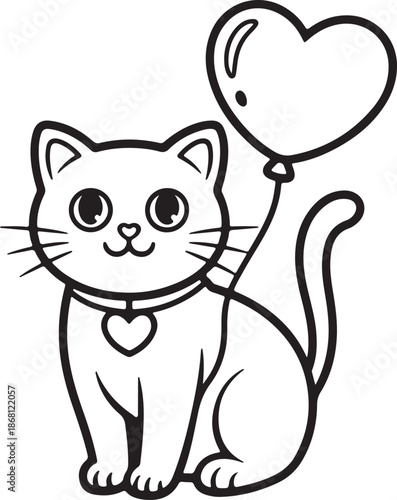 Cat with Heart Balloon line art, black outline, vector and illustration, coloring book page line art drawing
