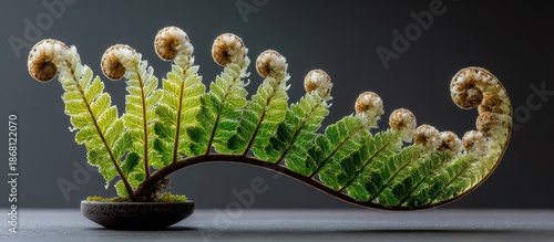 A vibrant fern frond unfurls, showcasing intricate details, against a dark backdrop
