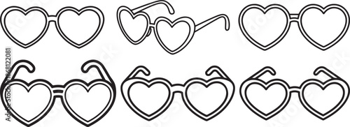 Set of Heart Shaped Sunglasses line art, black outline, vector and illustration, coloring book page line art drawing