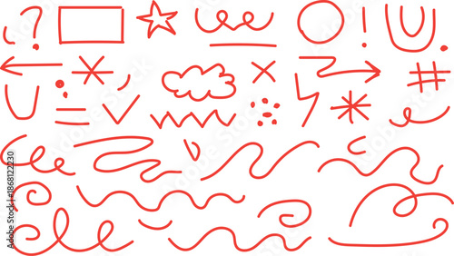 collection of hand-drawn red doodle elements, often used for emphasis or annotations. 