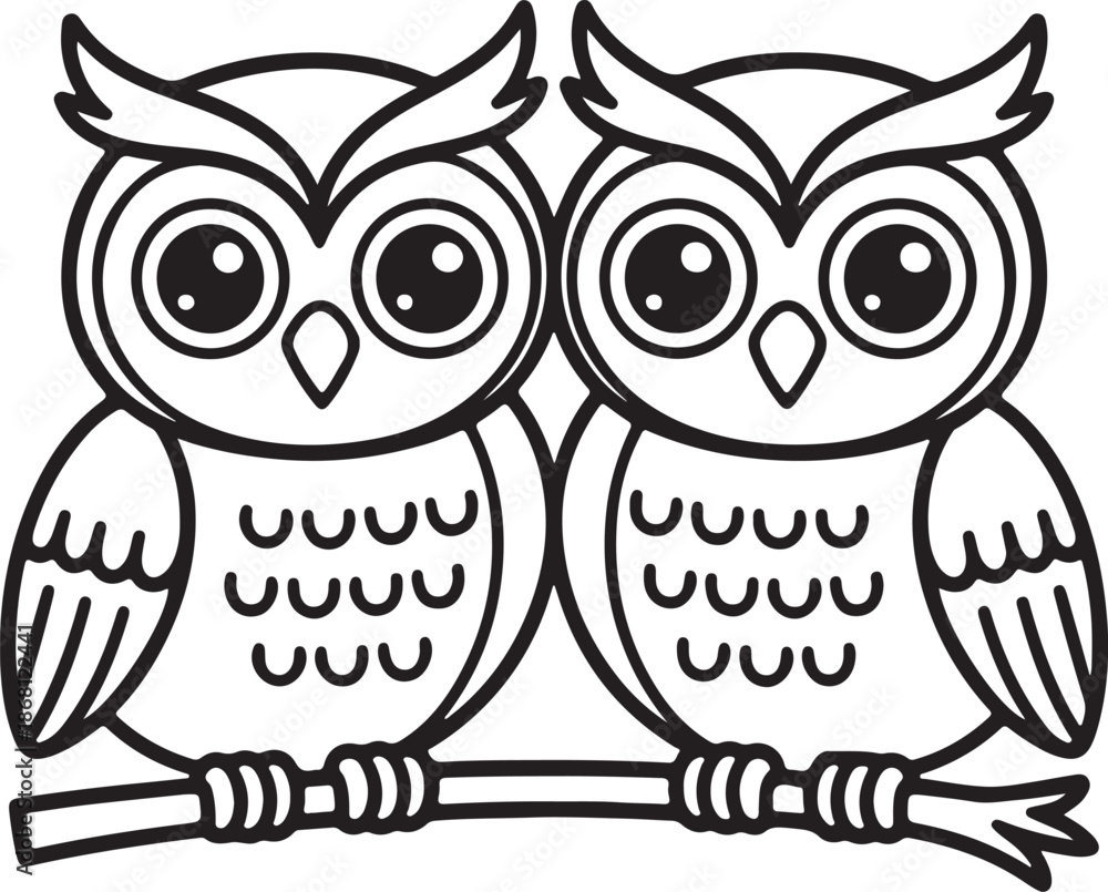 Obraz premium Cute Owl Couple line art, black outline, vector and illustration, coloring book page line art drawing