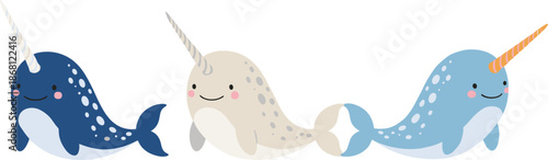 Cute Cartoon Narwhal Vector Set with Smiling Arctic Sea Unicorn Whales Kids Illustration Collection
