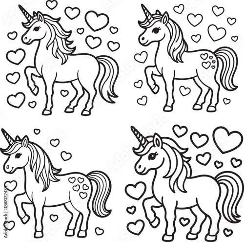 Set of Unicorn with Hearts line art, black outline, vector and illustration, coloring book page line art drawing