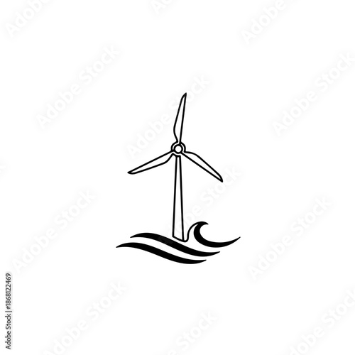 Continuous one line drawing of offshore wind turbine and ocean waves, minimalist sustainability concept