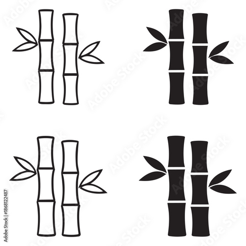 Minimalist bamboo icon set featuring bamboo stems with leaves in line art and solid styles for oriental design