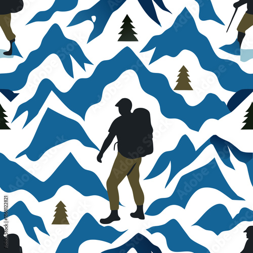 Hiker traversing mountainous terrain