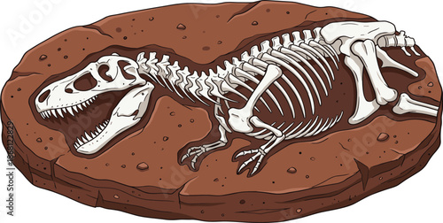 Dinosaur skeleton fossil illustration, prehistoric Tyrannosaurus Rex bones embedded in ground, archaeological excavation site, ancient lizard remains isolated on white background