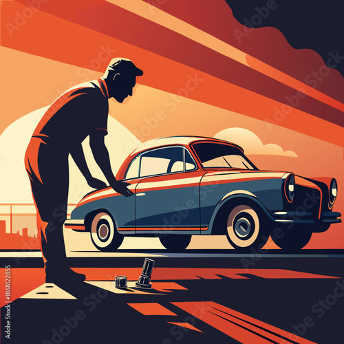 Man working on classic car at sunset