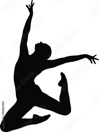 Dancer silhouette in mid-air pose, expressive movement and athletic grace, black vector illustration