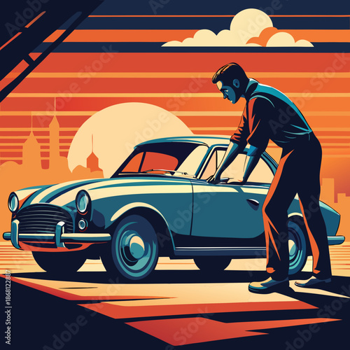 Man working on classic car at sunset