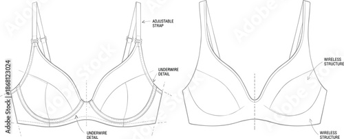 Bra technical comparison illustration, underwire vs wireless styles with adjustable straps and seamless cup, lingerie vector design