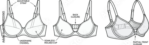 Bra technical illustration set, molded cup, underwire, back and partial front closure styles, lingerie vector design