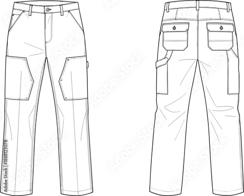Cargo pants technical drawing, front and back view, flap and angled pockets, belt loops, flat vector illustration
