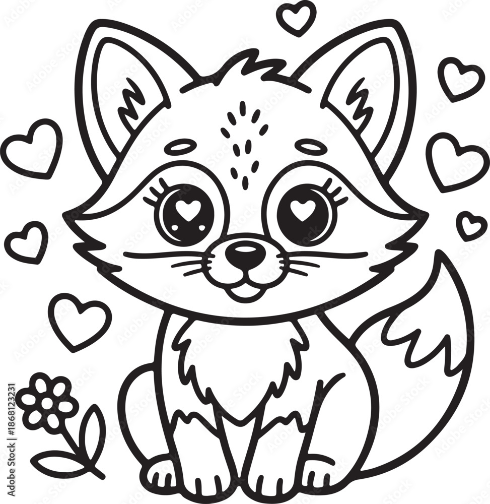Obraz premium Cute Fox in Love line art, black outline, vector and illustration, coloring book page line art drawing