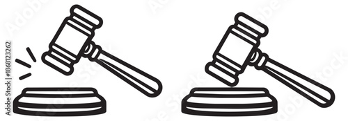 Line art gavel and sound block icon set featuring a judge's mallet striking and resting for law and justice concepts