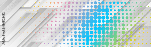 Grey geometric tech background with colorful halftone pattern. Vector banner design