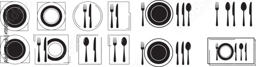 Restaurant menu cutlery icon set. Minimal flat black silhouettes of plate, fork, knife, and spoon in circle and rectangle frames for cafe signage eps