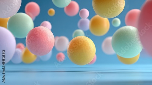 Pastel spheres float against a blue backdrop, some blurred by depth of field