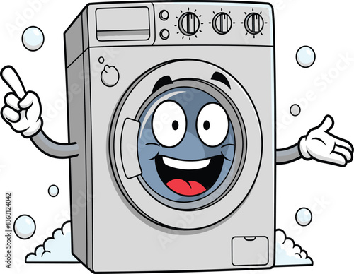 Happy washing machine cartoon character with soap bubbles and foam, funny household appliance mascot, vector illustration isolated on white background
