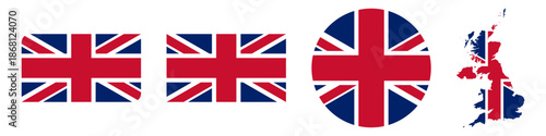 UK circular flag, UK rectangular flag, UK map flag flat icon