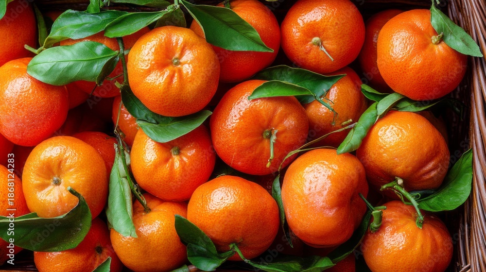 Fototapeta premium Fresh, ripe mandarins glisten under the light, piled high with vibrant orange skin and green leaves. A lively fruit market buzzes around them, inviting customers to indulge in the sweetness