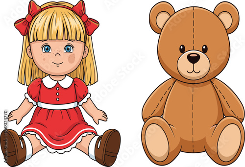 Vector illustration of a cute blonde doll in a red dress sitting next to a soft brown plush teddy bear