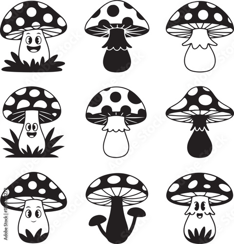 set of cartoon mushroom illustrations in black and white