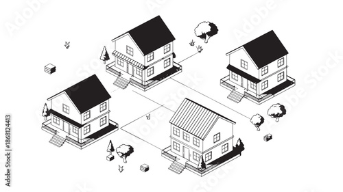 Houses Connected by Lines in Suburban Neighborhood