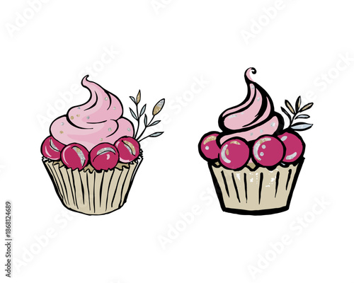 Cupcake Hand Drawn Vector Illustration. Cute Cupcake Doodle Style for Christmas, Birthday, Party, Holiday Design. Sweet Dessert Trendy Sketch Style for Menu Design and Anniversary