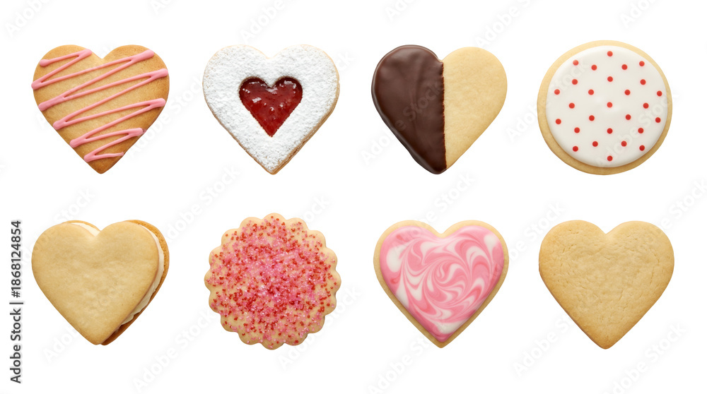 Fototapeta premium Heart shaped cookie set including iced, jam filled, chocolate dipped, and sugar sprinkles isolated. Valentine day and holiday bakery collection.