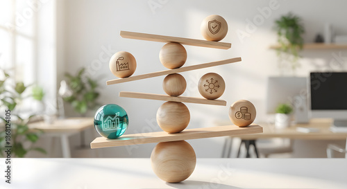 balanced wooden sculpture with icons of industry security finance and growth representing business stability risk management strategic economic planning and corporate sustainability