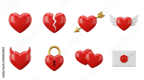 Red 3d heart set including broken, cupid arrow, winged, devil, and padlock variants isolated. Romantic valentine and love icon collection.