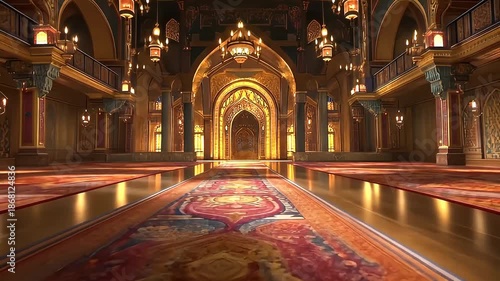 Magnificent Ornate Hallway With Golden Arches And Colorful Persian Carpets Illuminated By Warm Ambient Light In An Exotic Palace Interior