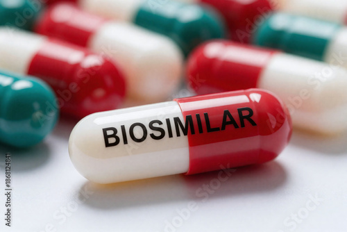 Medication pills with the word Biosimilar printed on a capsule, healthcare concept of pharmaceutical drug that have similar biological properties to biologic medicine. Closeup, white background.