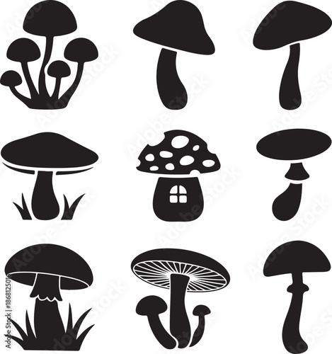 set of various black mushroom silhouettes on white background