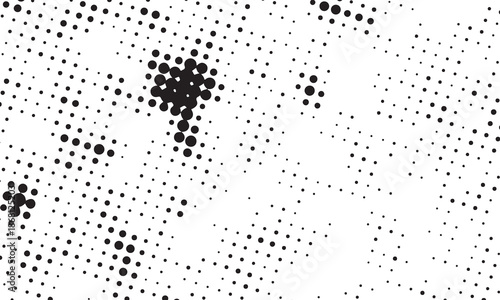 Creative black and white halftone pattern with random dot clusters.