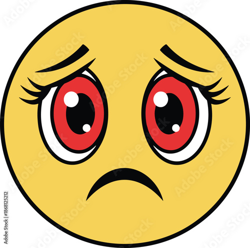 Sad emoji face illustration, red watery eyes, downturned mouth, emotional expression vector for digital communication