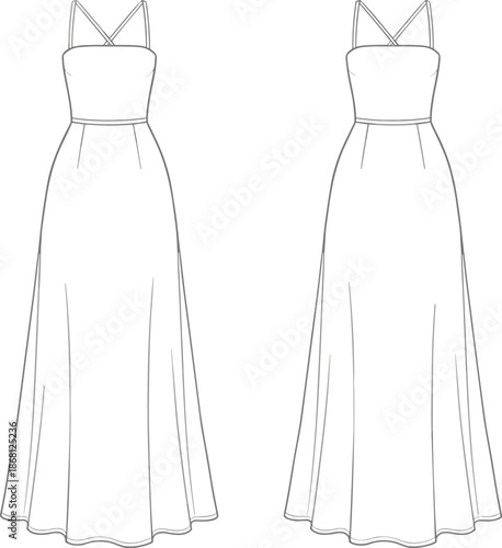 Sleeveless dress technical drawing, crisscross straps, fitted bodice, flared skirt, front and back views, flat vector illustration