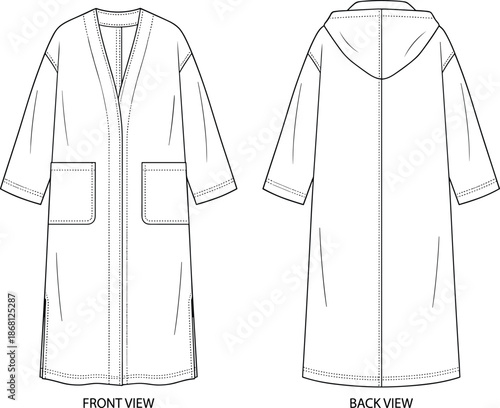 Hooded coat technical drawing, front and back view, patch pockets, asymmetrical opening, fashion template, flat vector illustration