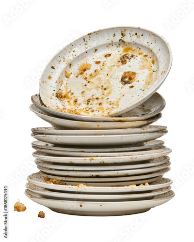 Stack of dirty white plates with food remnants, angled against a black backdrop