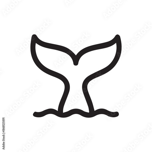 Minimalist black outline icon of a majestic whale tail emerging from ocean waves