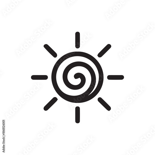 Monochromatic spiral sun icon illustration featuring classic rays on a clean white background