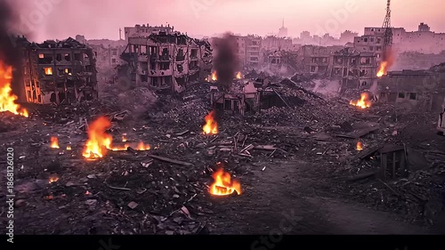 Devastated Cityscape Under a Smoky Dusk Sky with Fires Burning Amidst Rubble and Damaged Buildings and a Distant City Silhouette in the Background