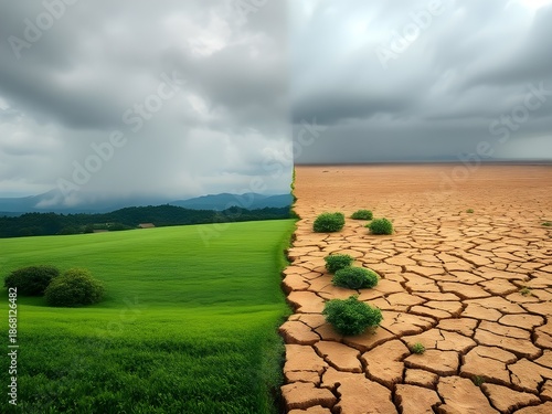 Wallpaper Mural A conceptual landscape depicting the stark contrast between a lush green field and a dry parched desert due to climate change. Torontodigital.ca