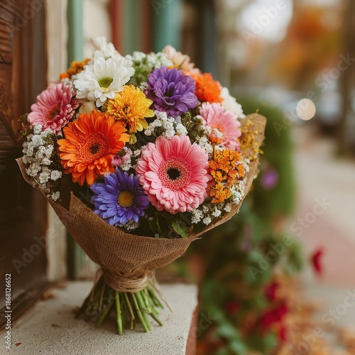 A vibrant bouquet of colorful flowers wrapped in brown paper