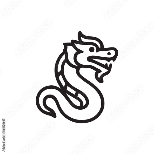 Stylized Mythical Chinese Dragon Head and Coiled Body Outline Vector Art