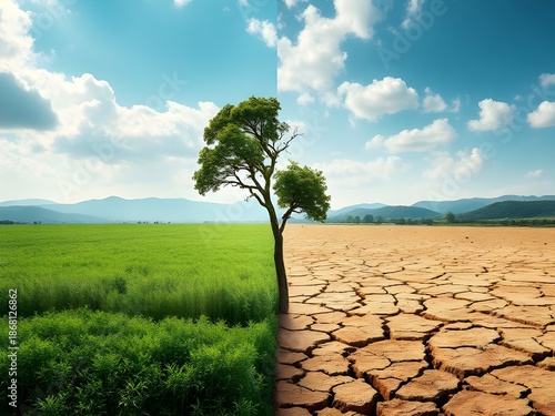 Wallpaper Mural A conceptual landscape depicting the stark contrast between a lush green field and a dry parched desert due to climate change. Torontodigital.ca