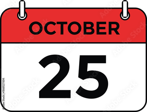 October 25 calendar page illustration, bold date and month, hanging rings, flat vector design