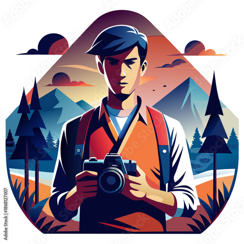 Photographer in mountain landscape