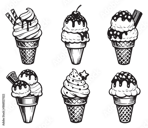 Hand drawn line art ice cream cones set featuring diverse toppings and styles for sweet treat designs